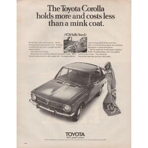 Toyota Corolla Vintage Automobile With Woman Holds More Costs Less Print Ad 1970